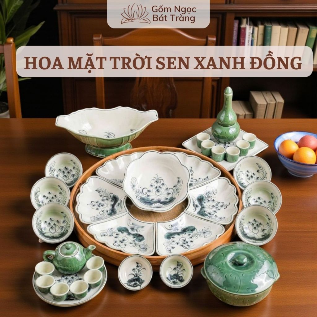 Bộ bát cúng gia tiên gốm sứ bát tràng,bộ bát đĩa hoa mặt trời, bát đĩa thờ cúng,bát đĩa thắp hương S