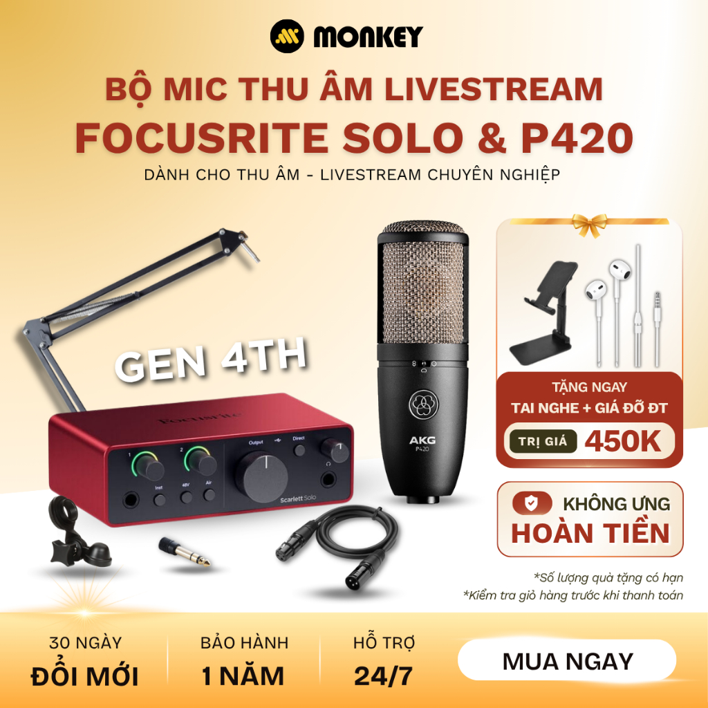 Bộ Combo Mic Thu Âm Hát Livestream Sound Card Focusrite Solo Gen 4 & Mic AKG P420 Dành Cho Điện Thoạ