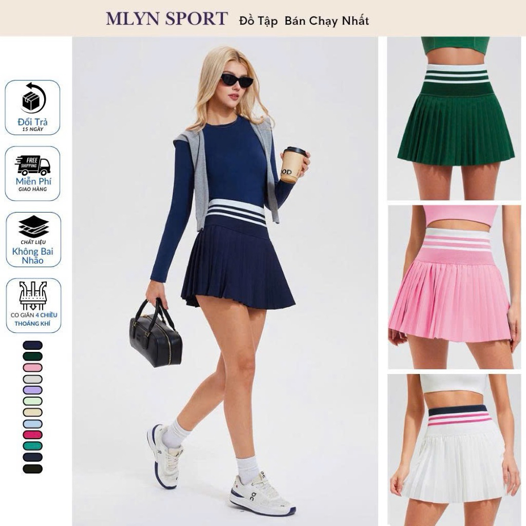 Chân Váy Thể Thao Xếp Ly Lưng Thun Co Giãn MLYN Sport - Váy Tập Gym, Pickleball, Tennis, Chạy Bộ - S