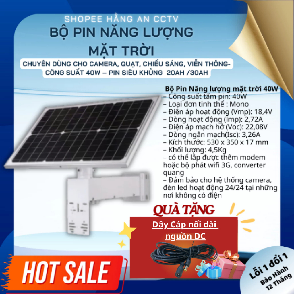 (MUA 1 TẶNG 1) Bộ pin năng lượng mặt trời 12V 40W-30AH Tặng Dây cáp nối nguồn DC (Số lượng có hạn)
