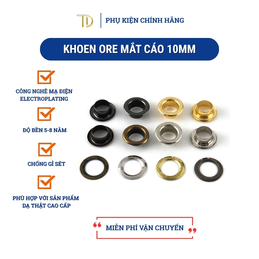 Set 10 bộ Khoen ore mắt cáo không gỉ kèm long đền 10mm 20mm dùng cho túi xách, quần áo, giày dép
