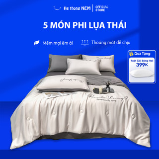  Bộ Ga Giường 5 Món He thong NEM Cao Cấp Set Chăn Ga Gối Đệm Phi Lụa Thái Trải Giường 5 Món Mịn Mát Mùa Hè Sang Trọng 