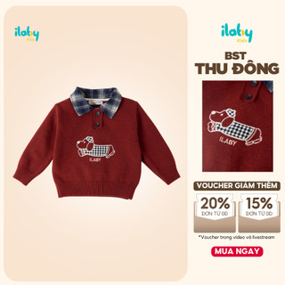  Áo len polo cho bé ILABY áo len chui đầu Noel dệt kim cổ sơ mi caro họa tiết chú chó  3986  