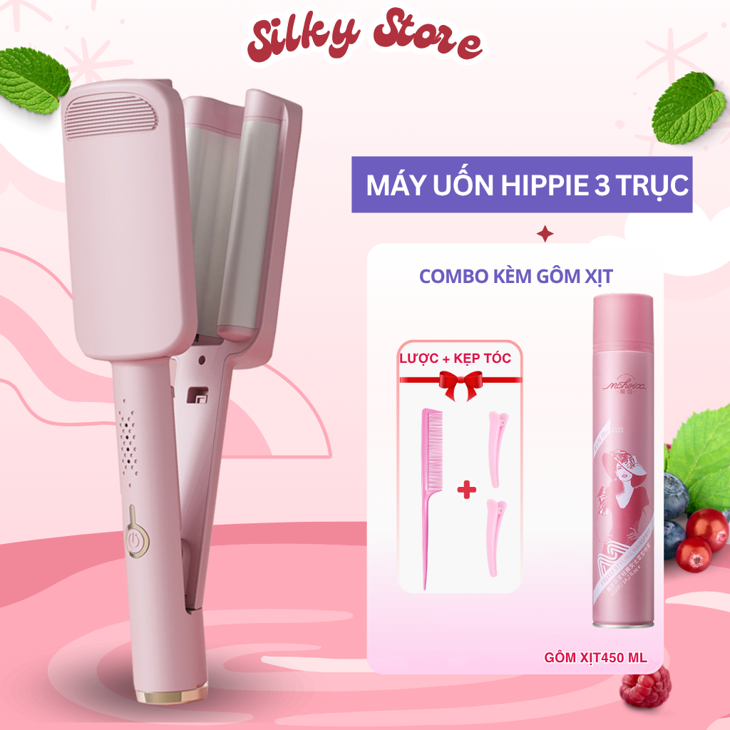 Máy Uốn Xoăn Sóng Nước Hippie 32 3 Trục Silky Store Gốm Sứ Ceramic , Máy Làm Tóc Xoăn Sóng Nước Chỉnh Nhiệt Tạo Kiểu