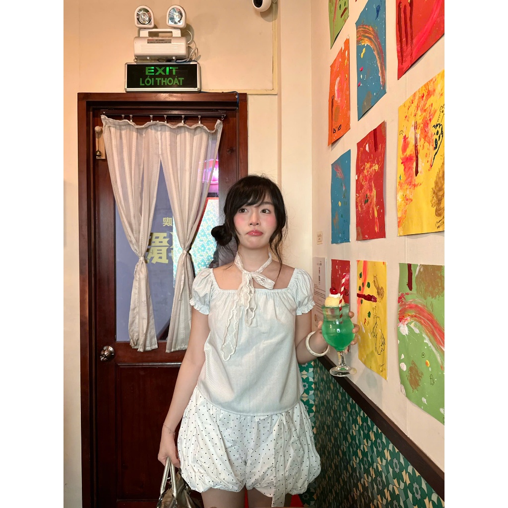 TDT4 - Áo Kiểu Nữ Tay Bồng Cổ Vuông Dáng Ngắn Dễ Thương HENSI TOP