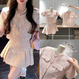  ANNA T. BOUTIQUE - Set dạ hồng áo crop tay ngắn túi nắp + chân váy 