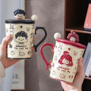 Ly Sứ Couple Kèm Nắp, Muỗng và Charm Xinh Xắn - Cốc Uống Nước Có Quai Cầm Ngộ Nghĩnh Kèm Hộp Quà