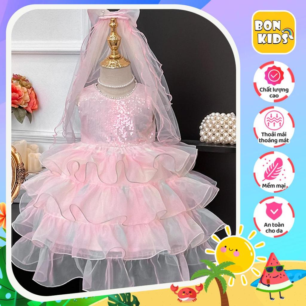 BonKids Váy Đầm Công Chúa Đính Kim Sa Nhiều Tầng BonKids Váy Kèm Voan Cài Tóc Cho Bé Dưới 7 Tuổi Kiể