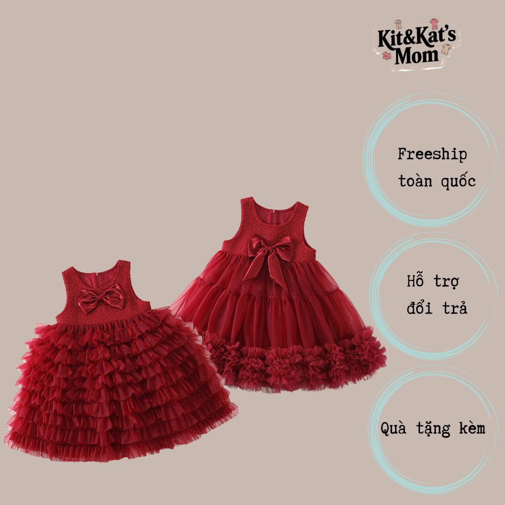 Váy công chúa bé gái đỏ mận dự tiệc Noel,Tết - Váy dạ tweed phối voan tầng đính nơ sang trọng thu đô