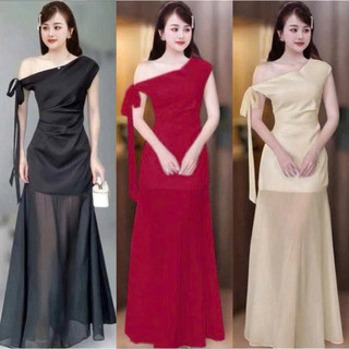    N066  Đầm Body Thiết Kế ELLY Lệch Vai Chất Cotton Lạnh Phối Voan Quyến Rũ Dáng Dài Cách Điệu 