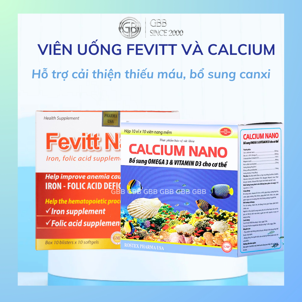 Combo viên uống Fevitt nano và Calcium nano hỗ trợ bổ sung sắt và canxi cho cơ thể Hộp 100 viên