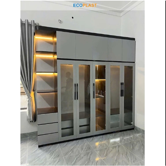 Tủ áo lớn EcoPlast Juno Sofa ngang 2m4 x cao 2m4 chạy led cánh kính