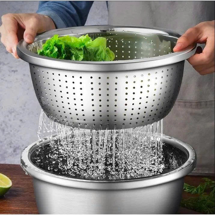 Bộ 5 thau chậu inox tiện lợi (4 thau -1 rổ) - thau - chậu để thực phẩm