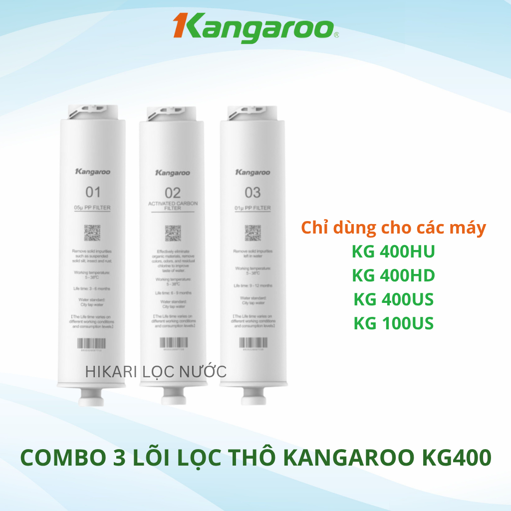 Bộ 3 lõi lọc thô Kangaroo 400HU chính hãng dùng cho các máy lọc nước KG400HU, KG400US, KG400HD,...