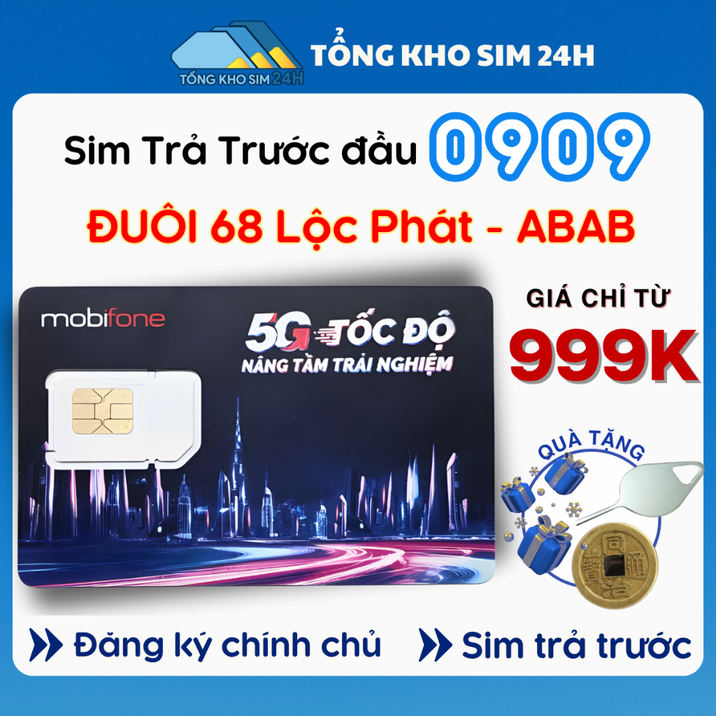 Sim Mobifone Đầu 09 - 0909 Số đẹp phôi 5G 4G giá từ 999K, sim trả trước, đuôi 68 Thần Tài, dễ nhớ