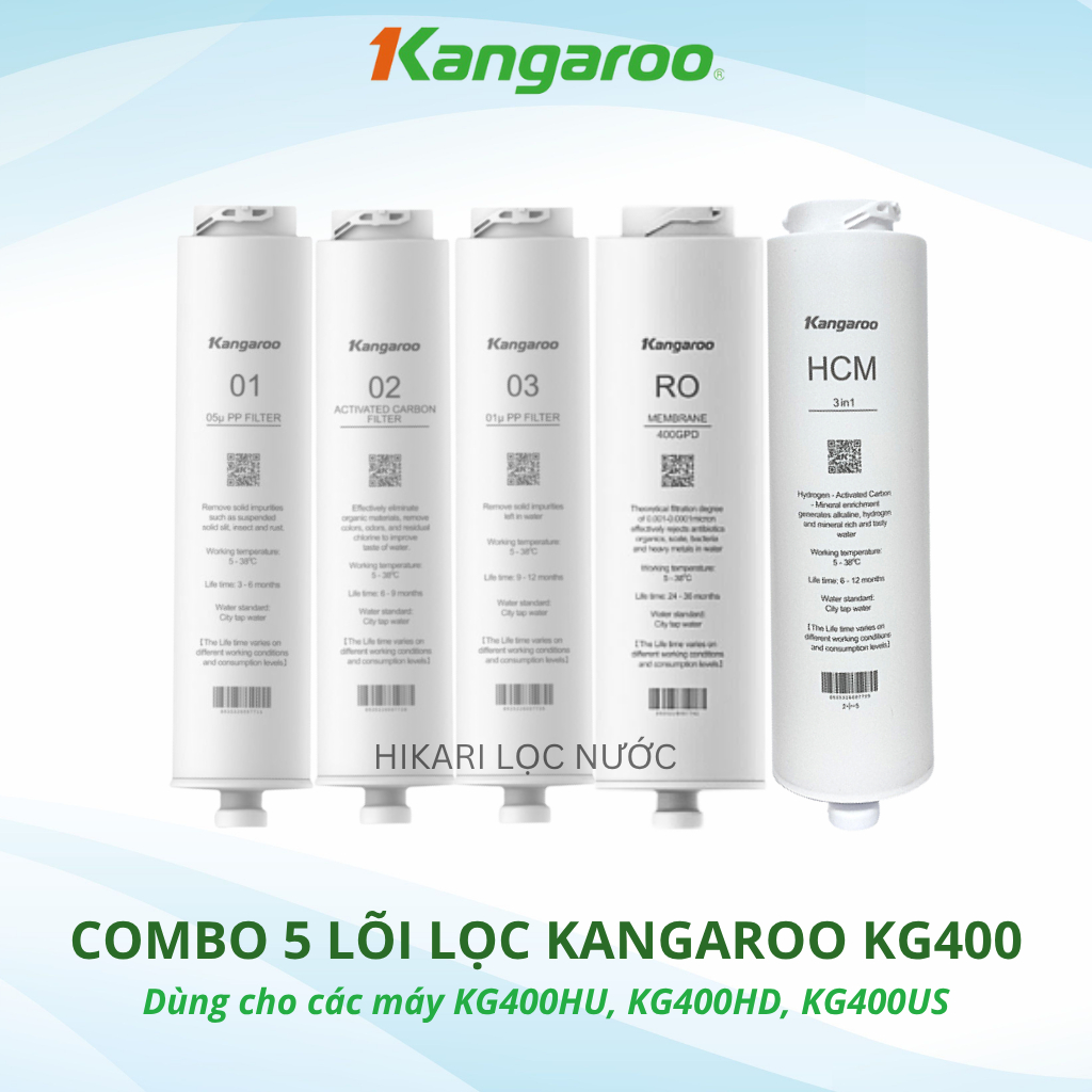 Bộ 5 lõi lọc Kangaroo 400HU chính hãng dùng cho các máy lọc nước KG400HU, KG400US, KG400HD,...