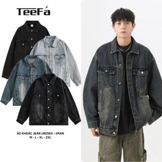  Áo Khoác Jean Teefa Unisex Nam Nữ Dáng Rộng màu xanh đen RETRO chất jean bò không phai dày dặn 