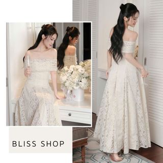   Bản Cao Cấp  Đầm Váy Ren Thiết Kế Trễ Vai Form Xòe Dài Tiểu Thư Chiết Eo Tôn Dáng Sang Chảnh Bliss Shop - V753 