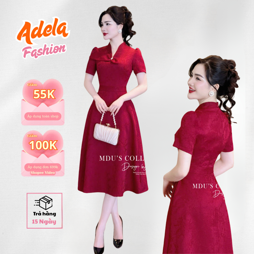 Váy Dự Tiệc Xòe Nhẹ Cổ Cách Điệu Đính Nơ Tay Ngắn Chất Gấm MiLan Cao Cấp MDU4488 | ADELA SHOP
