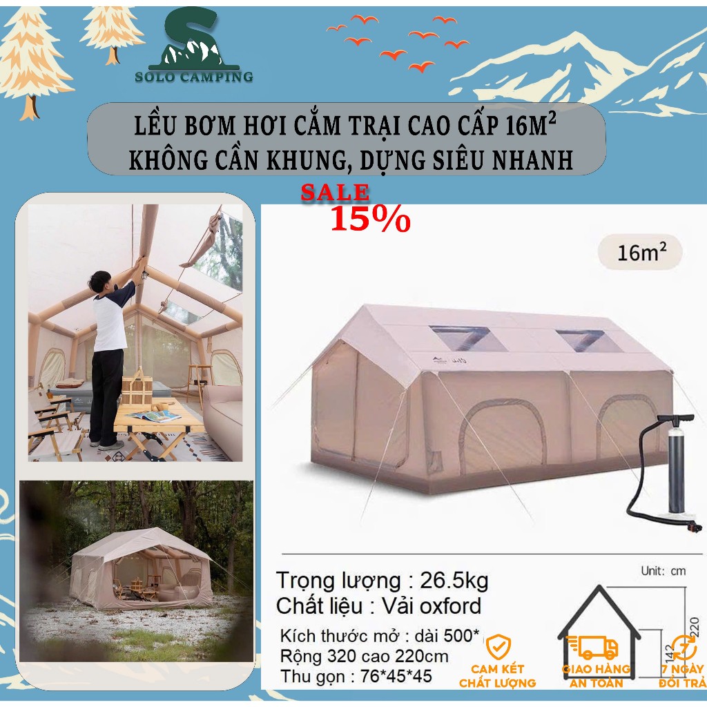 Lều Glamping Bơm Hơi Cắm Trại Cao Cấp Mountain 16m² – Không Cần Khung, Dựng Siêu Nhanh