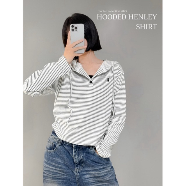 Áo thun kẻ dài tay có mũ trùm đầu - HOODED HENLEY SHIRT