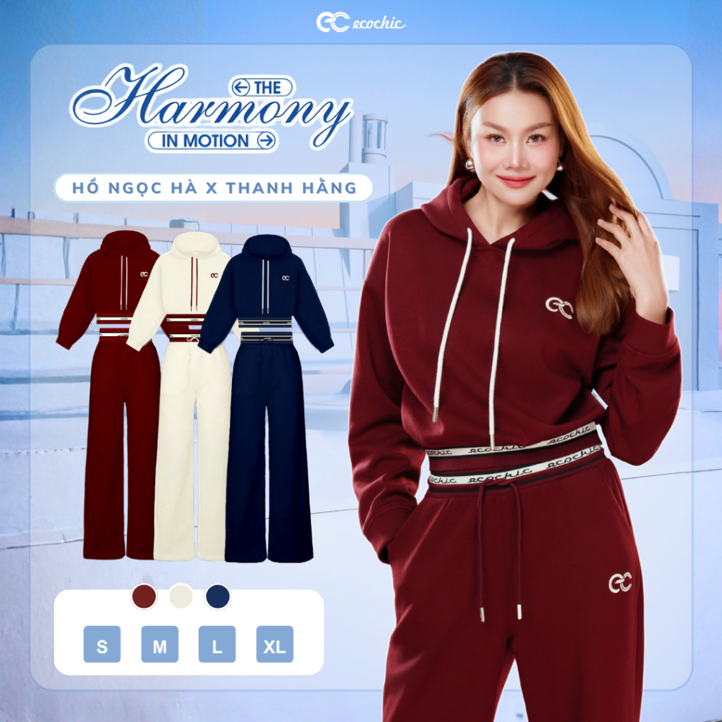 Set Bộ ECOCHIC Áo Hoodie Ngắn Nỉ Mịn Phối Viền Quần Suông Dài Basic Cao Cấp Mềm Mịn Chính Hãng HNH B