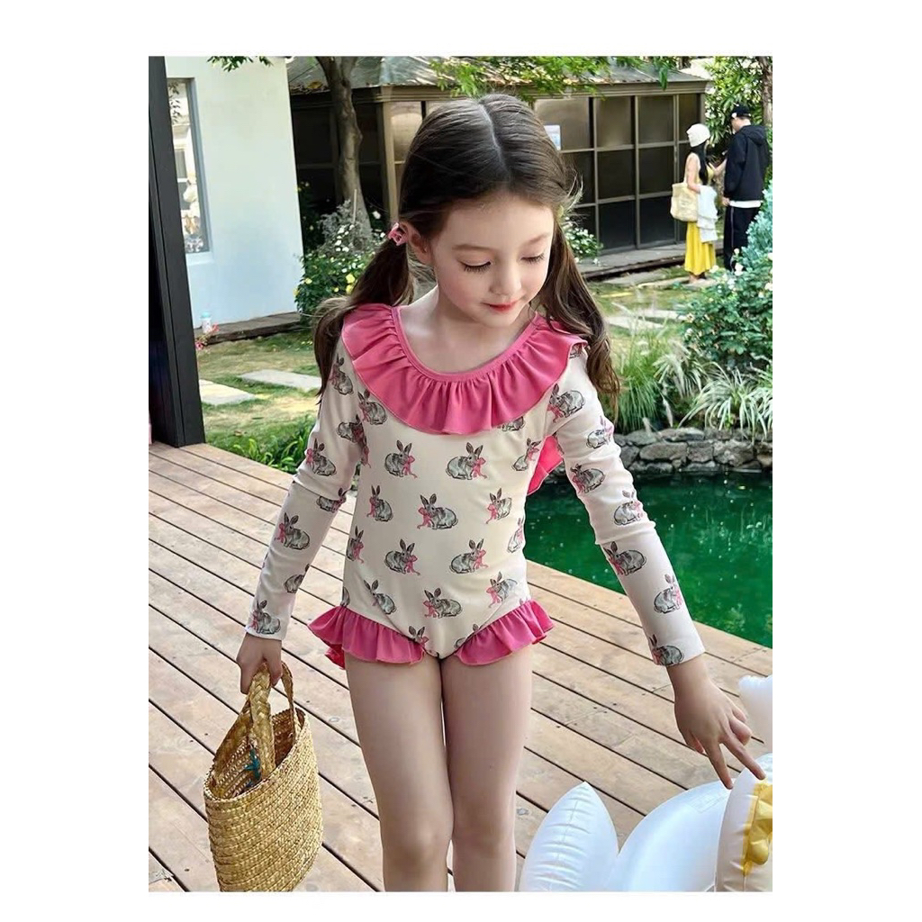 [LiA baby’s ] Set đồ bơi bikini cho bé gái dài tay cổ bèo hồng kute (9-30kg)