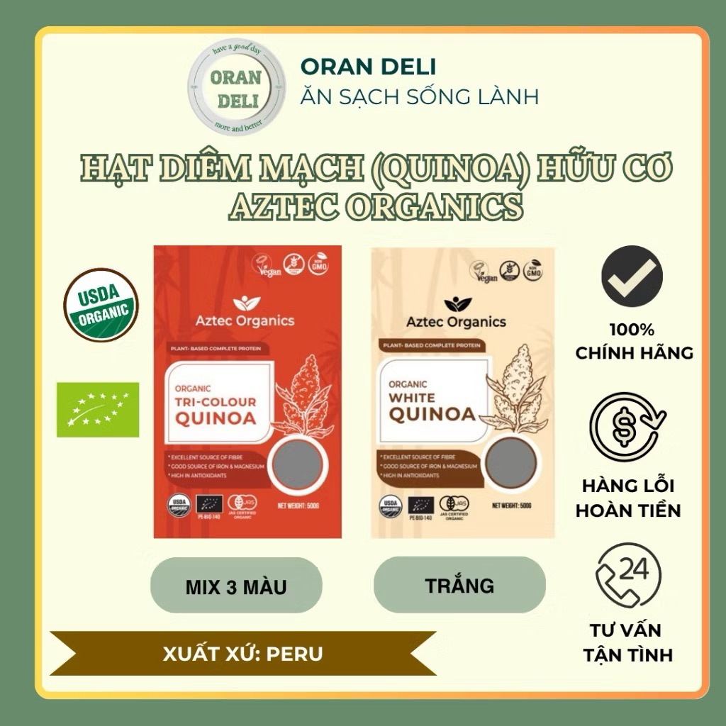 Hạt diêm mạch quinoa hữu cơ Aztec Organic giàu xơ và protein