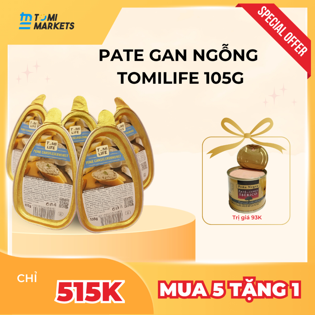 [TẶNG 1 HỘP PATE GAN HEO 83G] Set 5 Hộp Pate Gan Ngỗng TomiLife 105G Nhập Khẩu Đức