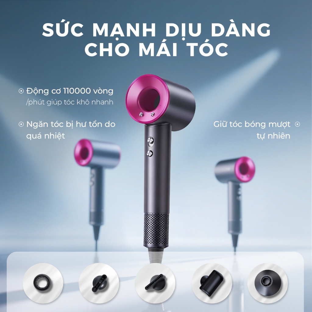 D15 - Máy Sấy Tóc Ion Âm DRYON , 110000rpm, Sấy Nhanh, Kèm 5 Đầu Tạo Kiểu