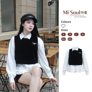  Áo Sơ Mi Tặng Kèm Gile Nhung Tag Nơ Đá Lấp Lánh 496 MiSoul Sơ Mi Trắng Gấu Bèo Phối Gile Croptop Dáng Babydoll 