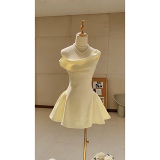  D373 Cabernet Caslani Dress chéo vai trễ xoè form dáng Ngắn chất mềm 