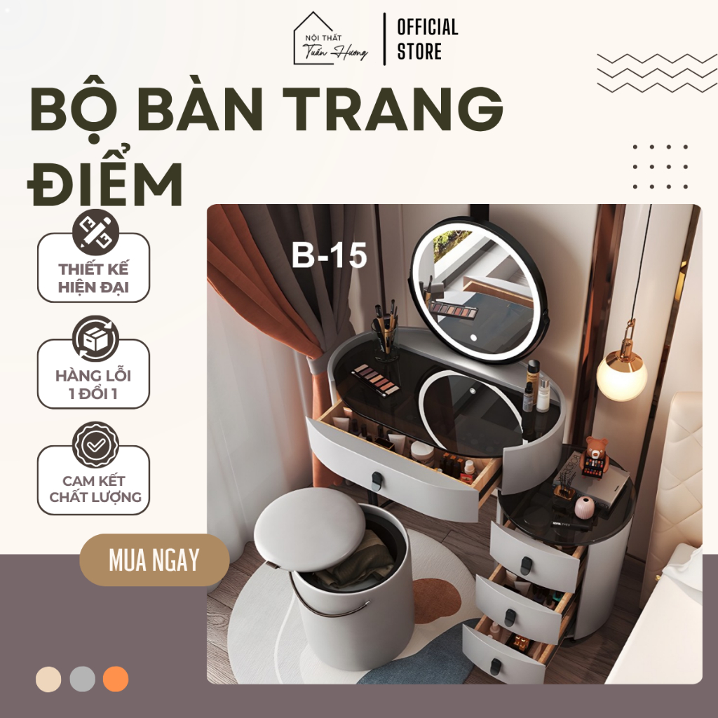 [B15] Bàn trang điểm nhập khẩu, bàn trang điểm bầu dục mini 70cm mặt kính