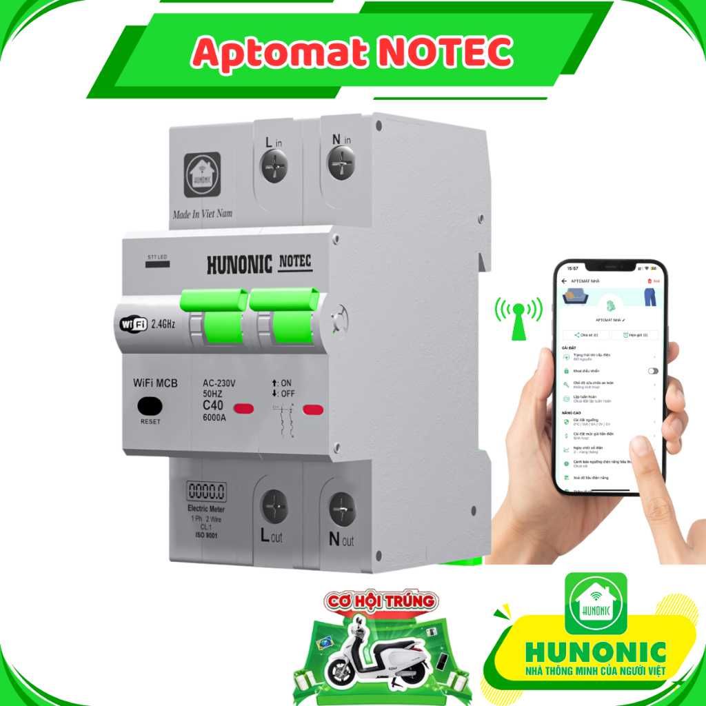 Aptomat Thông Minh Wifi Hunonic Notec Điều Khiển Từ Xa - Aptomat Hunonic 40A 63A 80A