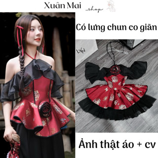  Set 2 món Noel Tết áo yếm đính hoa chất gấm tay voan kèm chân váy lưới xoè ngắn đỏ đen 