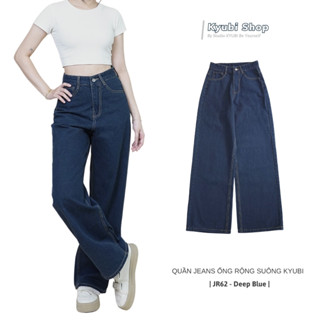 Quần Jean ống rộng baggy nữ Ulzzang Kyubi lưng cao xanh đậm có Bigsize- Quần jean paggy Kyubi JR21J