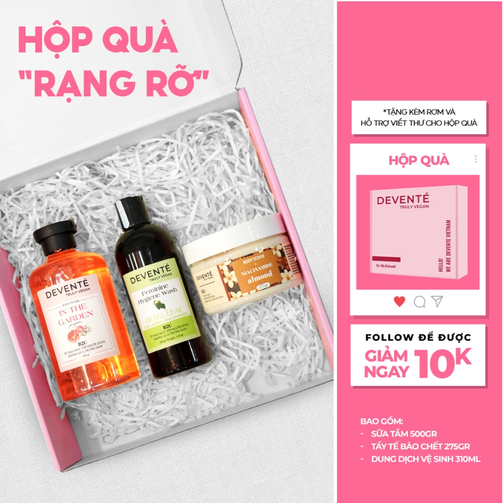 Hộp Quà RẠNG RỠ DEVENTE Gồm Sữa tắm 500g + Tẩy tế bào body 275g + DDVS 310g