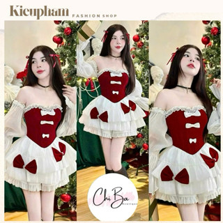  Váy Noel Đỏ Kem Tiểu Thư Nơ Nhung Kieupham.shop – Đầm Giáng Sinh Dễ Thương Dáng Xoè Công Chúa 