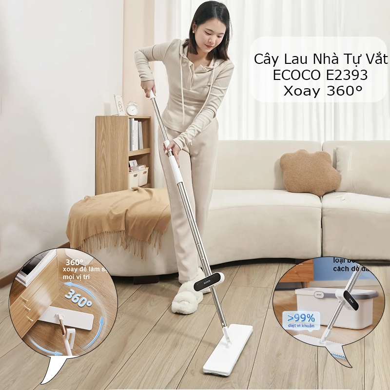 Cây Lau Nhà Tự Vắt ECOCO E2393 – Kháng Khuẩn, Xoay 360°, Lau Nhanh Khô