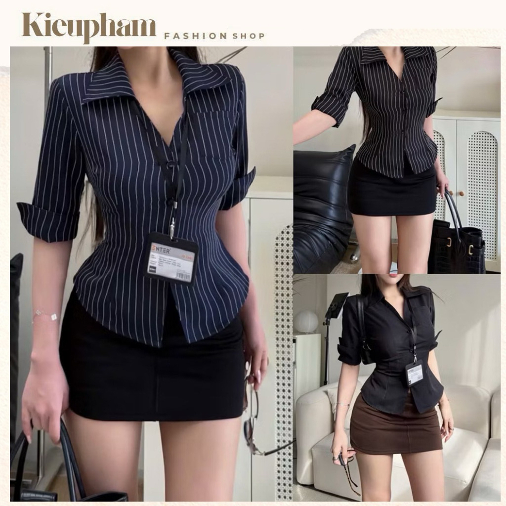 Áo Sơmi Tay Lỡ Cột Nơ Lung Hoạ Tiết Trơn/Kẻ Sọc Có Dây Thắt Eo Phía Sau Ôm Body Quyến Rũ Kieupham.shop | BigBuy360 - bigbuy360.vn