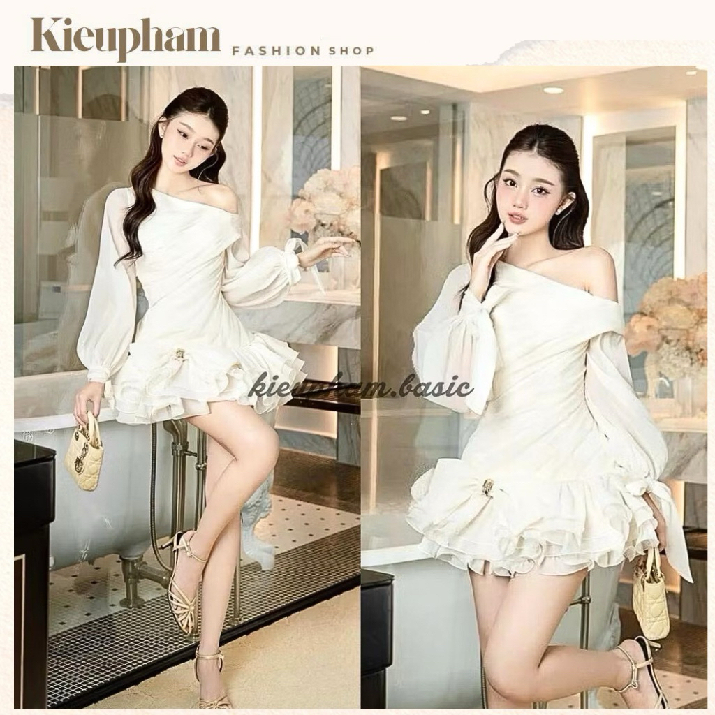 (Có Bigsize) Váy Thiết Kế Lệch Vai Tay Dài Phồng Đính Nơ Dự Tiệc Cao Cấp Kieupham.shop