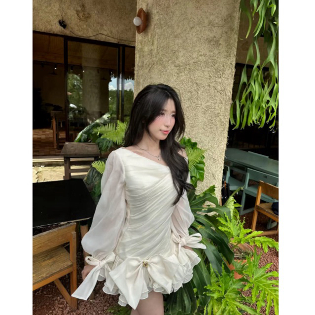 (Có Bigsize) Váy Thiết Kế Lệch Vai Tay Dài Phồng Đính Nơ Dự Tiệc Cao Cấp Kieupham.shop | BigBuy360 - bigbuy360.vn