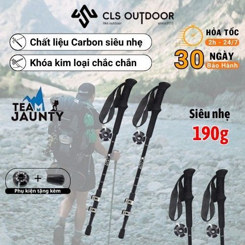 Gậy leo núi rút gọn chất liệu Carbon siêu nhẹ Team Jaunty, Gậy Trekking chính hãng Dài 63-135cm,