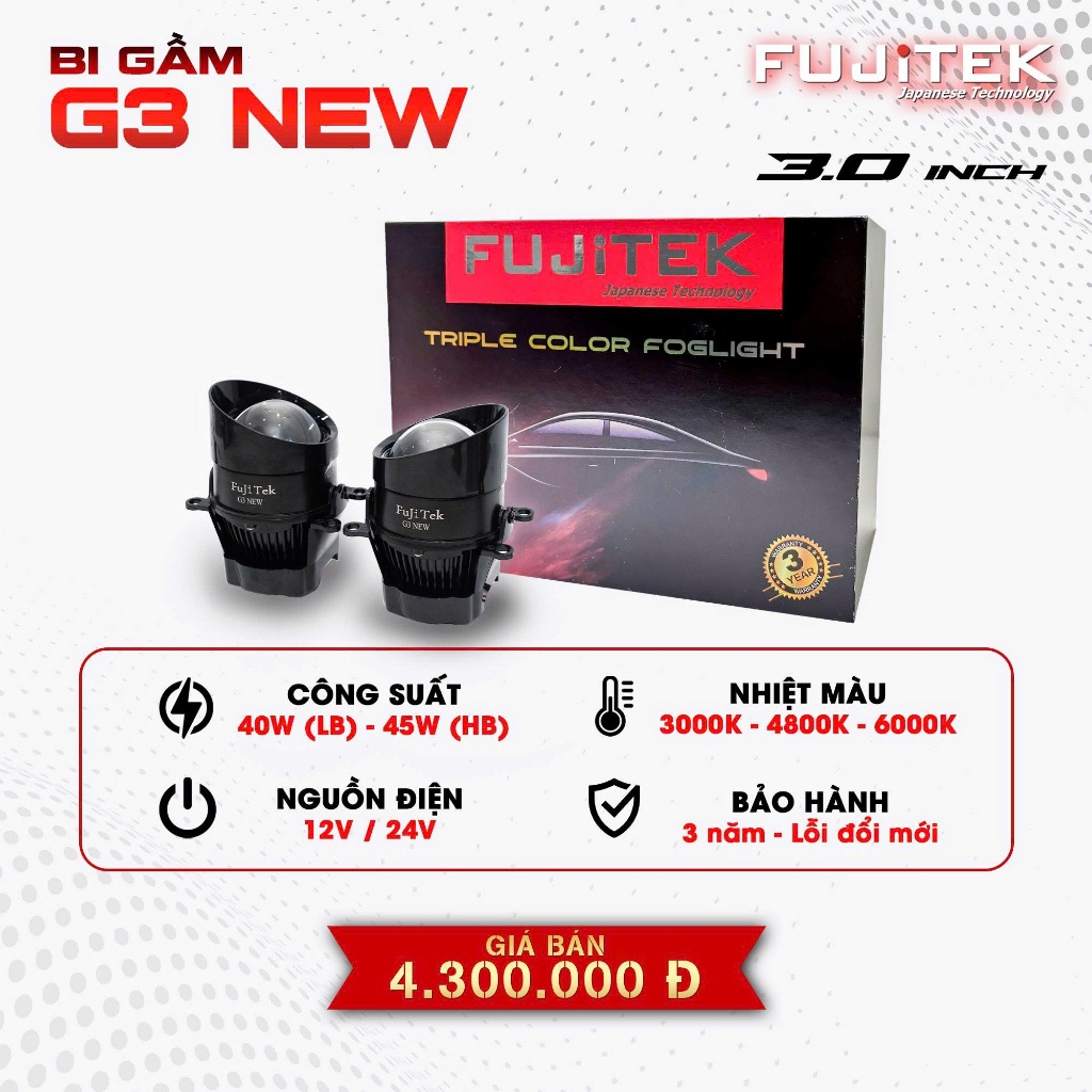 Fujitek - Bi gầm LED G3 New 24V, dành cho xe tải, xe khách lớn – 3 chế độ màu, IP67, bảo hành 3 năm