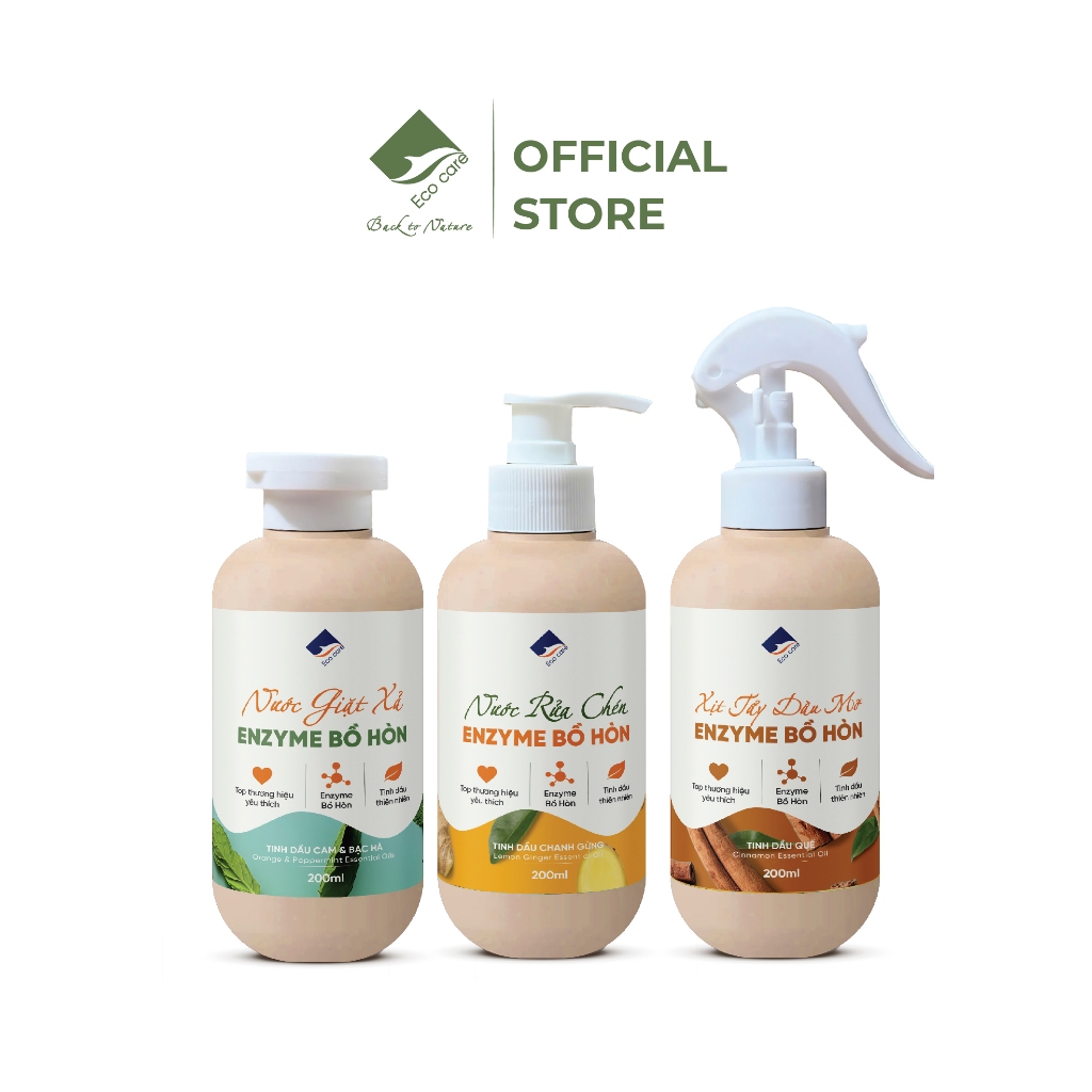 (TẶNG PHẨM) Bộ sp chămsócnhàcửa Ecocare Nước giặt cam bạc hà/nước rửa chén chanh gừng/tẩy dầu mỡ quế
