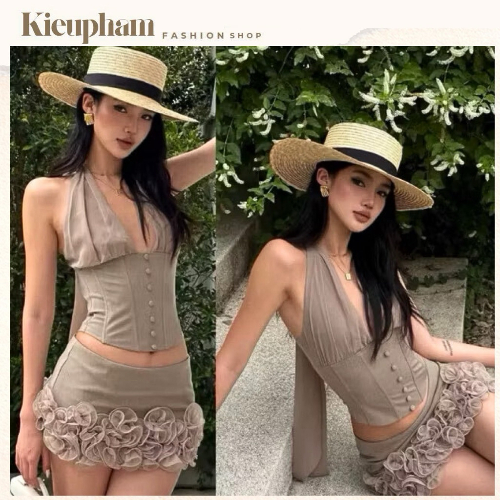 Set Áo Cổ Yếm Phối Chân Váy Viền Bèo Kieupham Set Đồ Nữ Sang Chảnh Dự Tiệc Đi Chơi Tôn Dáng