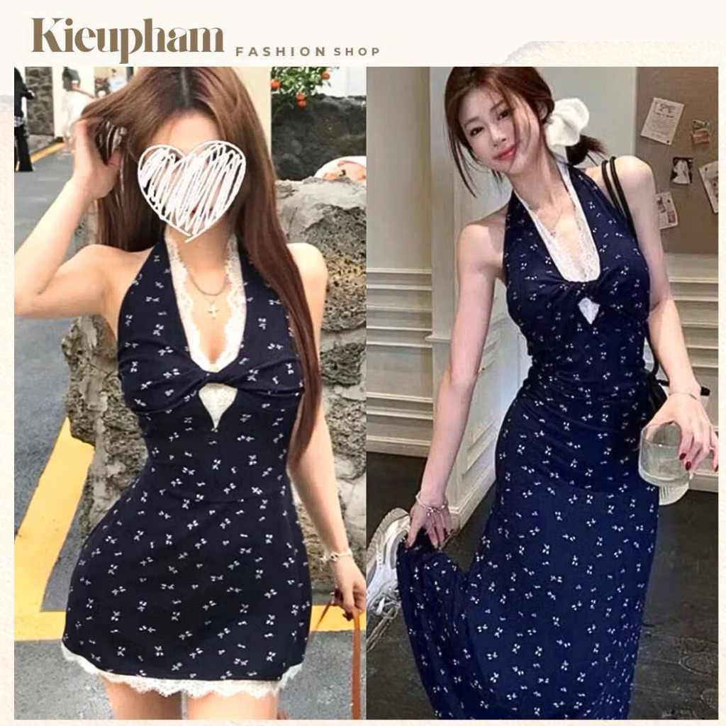 Váy Body Cổ Yếm Xoắn Viền Ren Xanh Navy Hoạ Tiết Hoa Nhí Dáng Ngắn-Dài Hot Kieupham.shop