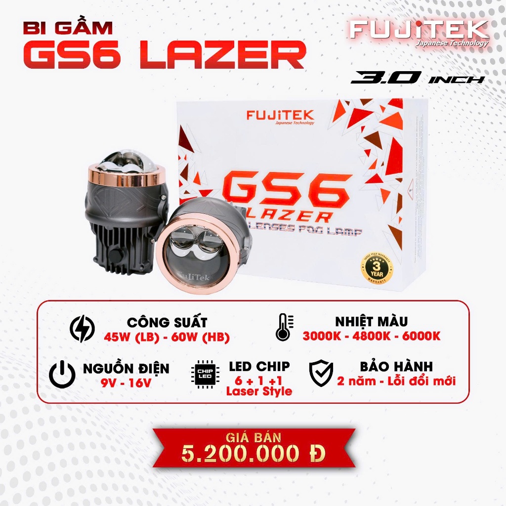Đèn bi gầm Fujitek GS6 3.0inch dành cho oto, xe máy, Bi gầm LED 3 màu, công nghệ laser - BH 2 năm