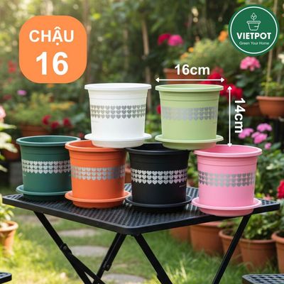 Chậu nhựa trồng cây VIETPOT, size 16x14cm, hoa văn tim, trồng hoa kiểng, trang trí bàn, sân vườn.