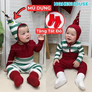   TẶNG TẤT  Set Body Suit Noel Dài Tay Kèm Mũ Chất Cotton Dành Cho Bé Trai Bé Gái NghesHouse NO10 